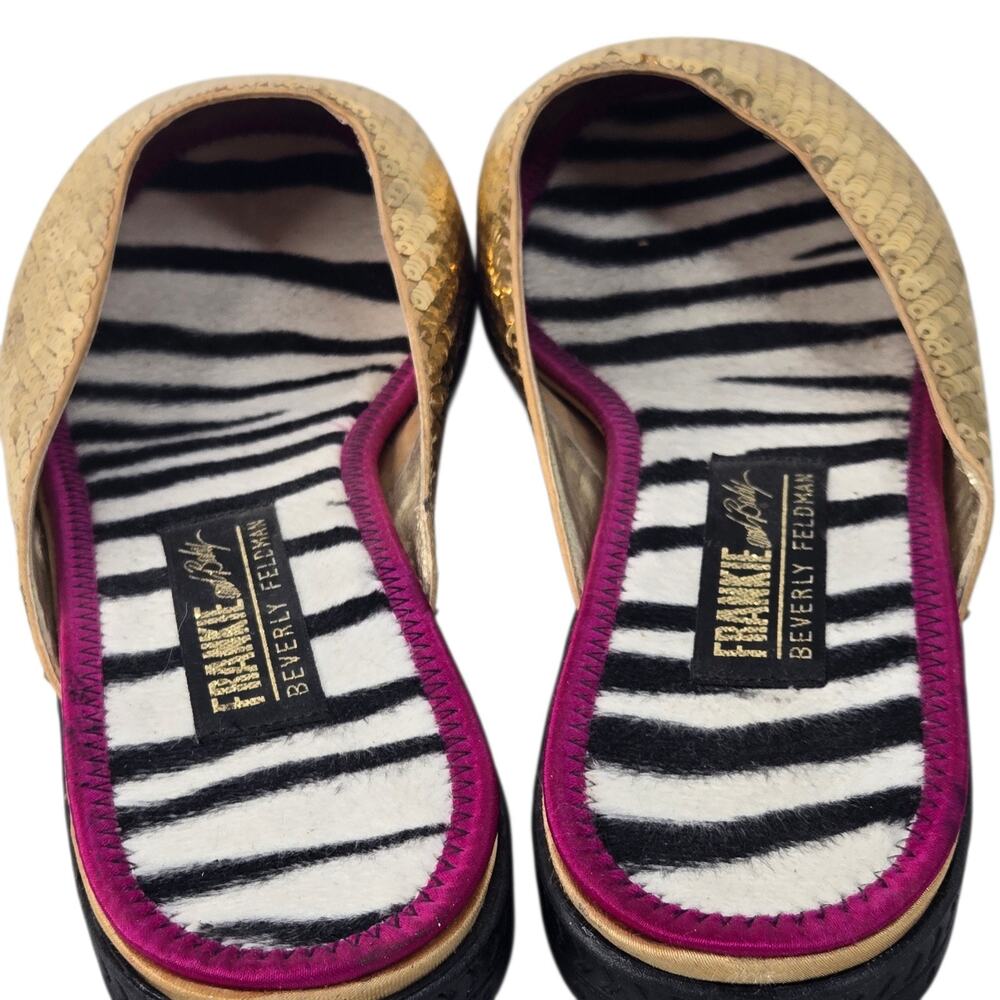 Beverly Feldman Frankie and Baby VTG Sequin Flats Mules Gold Slides Size 11B - Picture 6 of 10